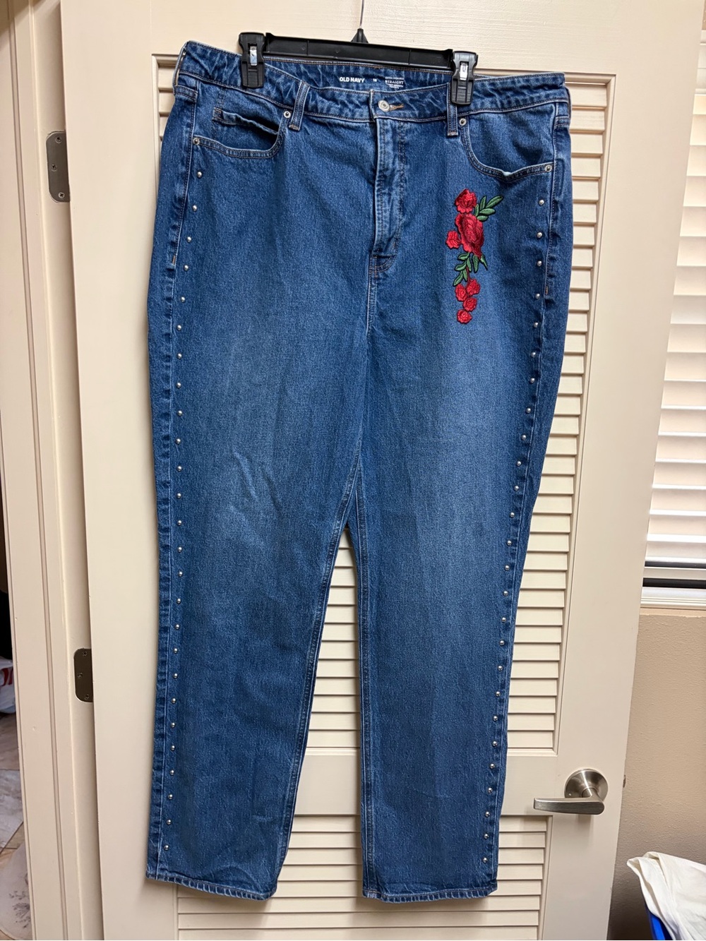 Old Navy Jeans Womens 18 Tall Extra High Rise Straight Rose Embroidered Studded